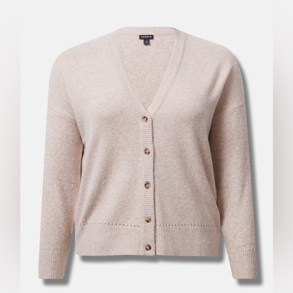 Vegan Cashmere Cardigan V-Neck Drop Shoulder Sweater Torrid warm tan-gray size12 - Picture 1 of 5